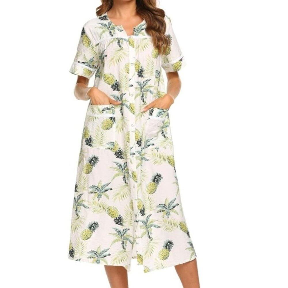 Ekouaer pearl snap‎ front housecoat nightgown pineapple print woman's size large